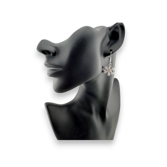 White Rhinestone Snowflake Earrings Platinum Finish - Picture 3 of 8